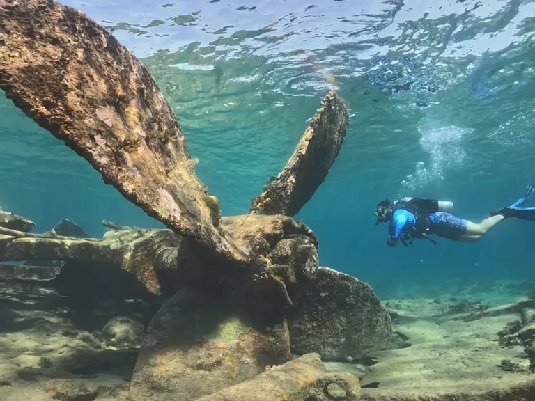 Diver exploring the propeller and hull remains of the Damuji wreck near Varadero.
