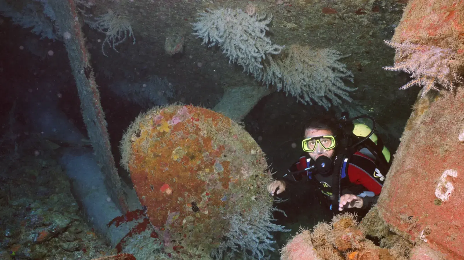 Wreck diving in Varadero Cuba with diver near coral-covered propeller of the ciudadela shipwreck