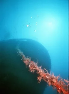 Shipwreck Sletreal bow view from the bottom surf and sun light background